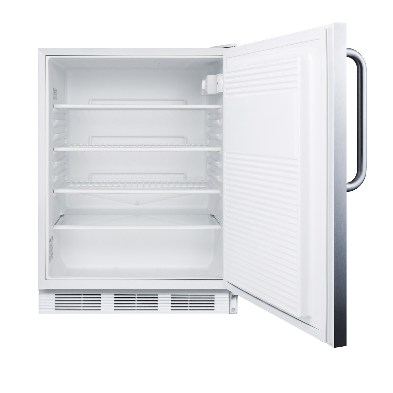 ADA compliant built-in undercounter all-refrigerator for general purpose or commercial use, auto defrost w/SS wrapped exterior, towel bar handle, and lock